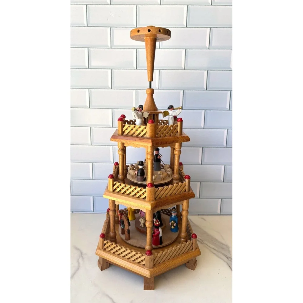 Vintage Christmas Pyramid 3 Tier Wooden‎ Nativity Shepherd Carousel NO FAN